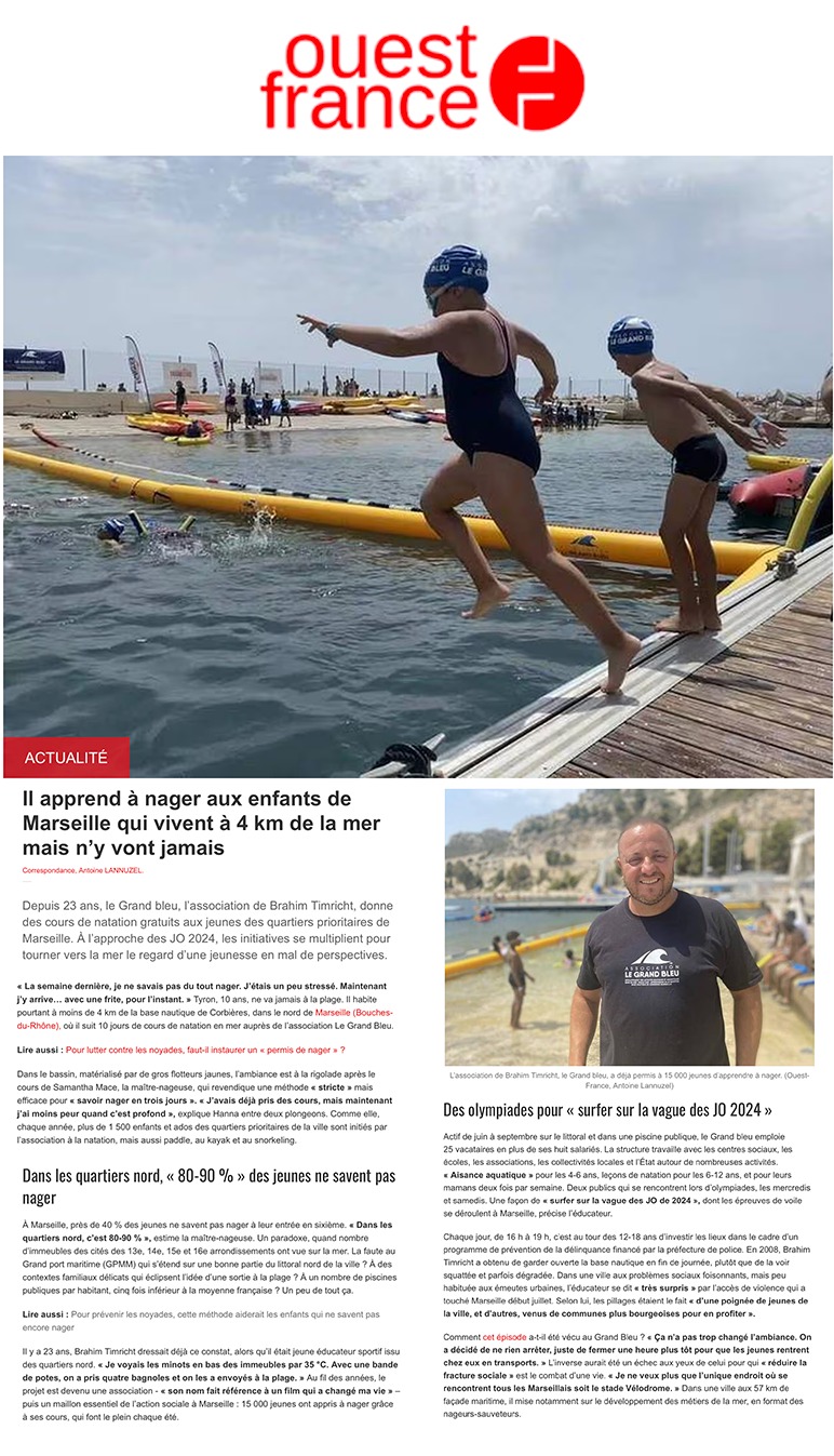 2023 - Ouest France - Il apprend à nager aux enfants de Marseille qui vivent à 4km de la mer